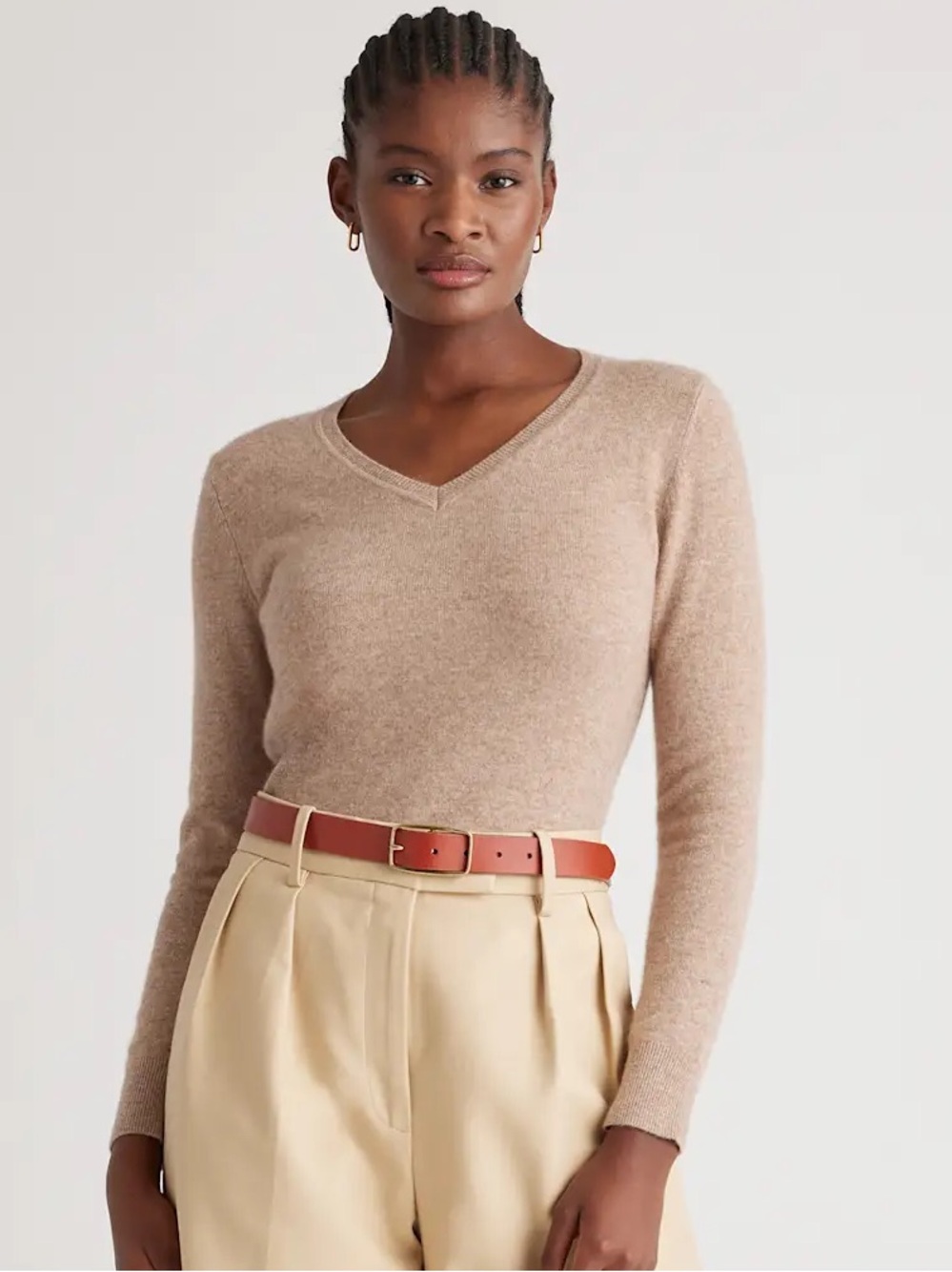 Quince  Soft Tan 100% Cashmere Oatmeal Luxurious Vneck Sweater Size M Medium